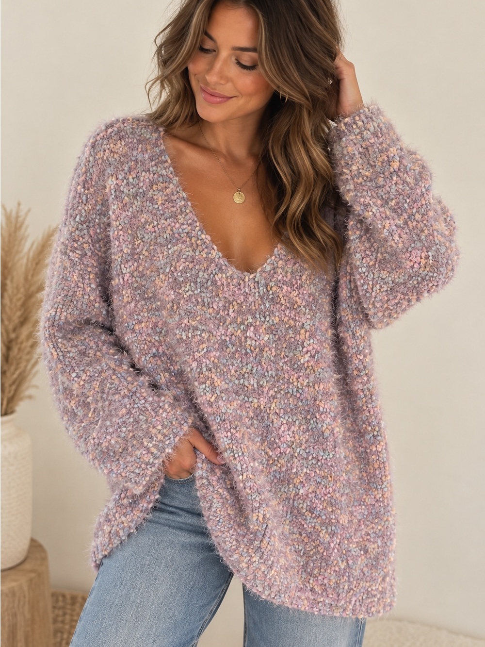 Macaron Popcorn Knit Lilac V-Neck Fuzzy Oversized Sweater
